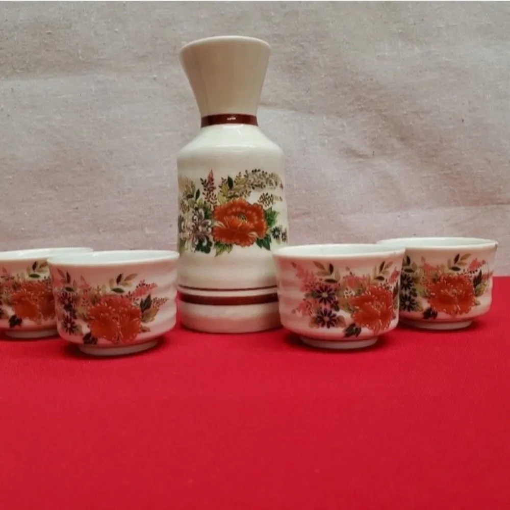 Vintage Japan Porcelain Sake Pitcher and Cup Set